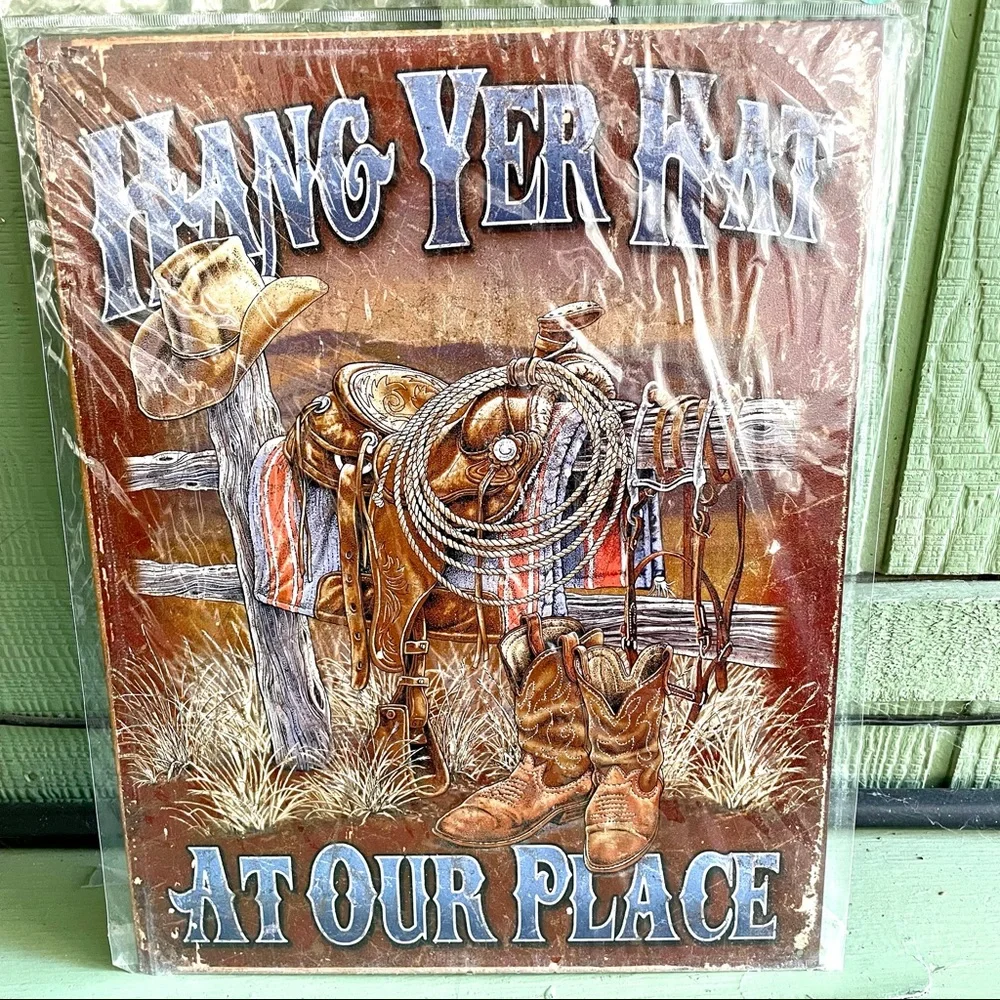 NEW Hang Yer Hat At Our Place Cowboy Metal Sign